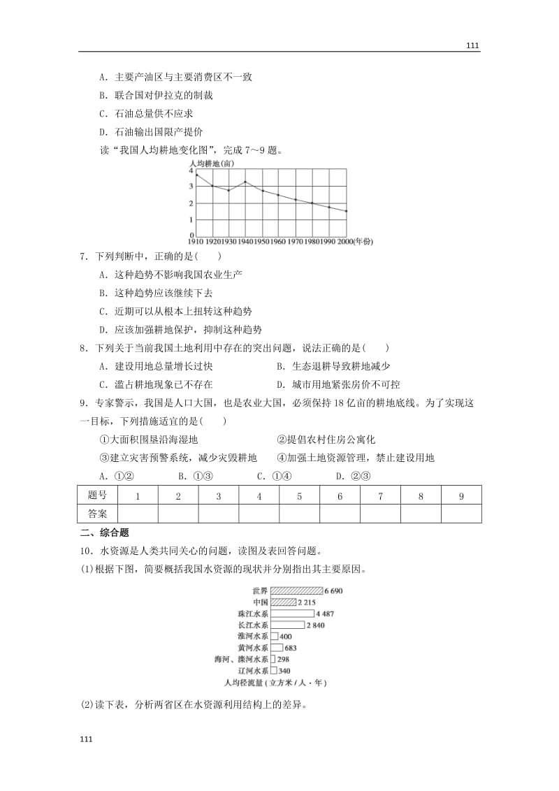 高二地理 2.1《自然资源与主要的资源问题》同步测试 湘教版选修6_第2页