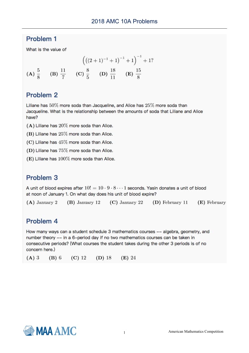 2018-AMC-10A试题及答案_第1页