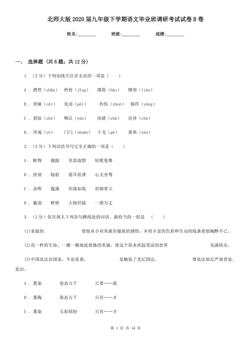 北师大版2020届九年级下学期语文毕业班调研考试试卷B卷_第1页