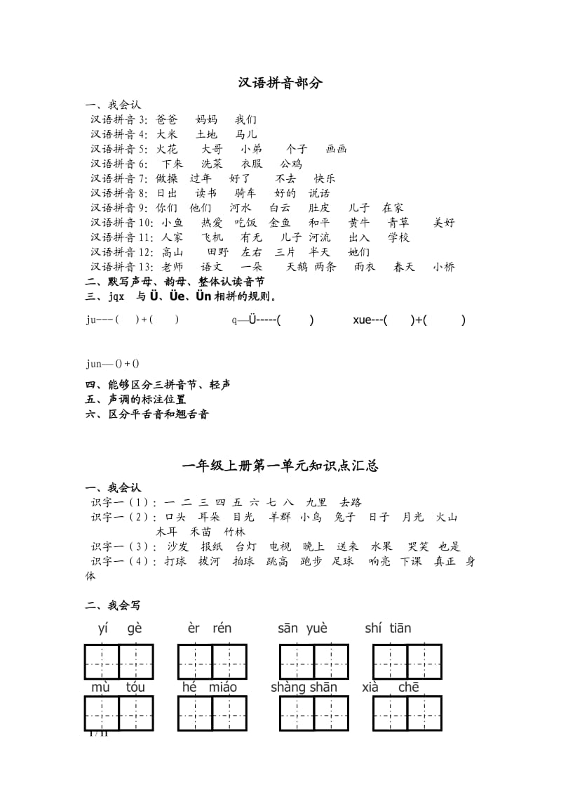 一年级上册语文各单元知识点汇总_第1页