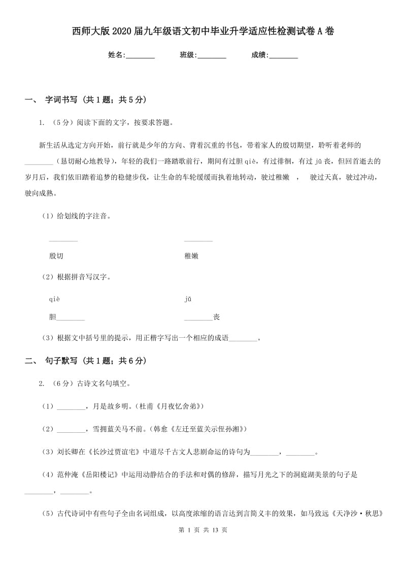 西师大版2020届九年级语文初中毕业升学适应性检测试卷A卷_第1页