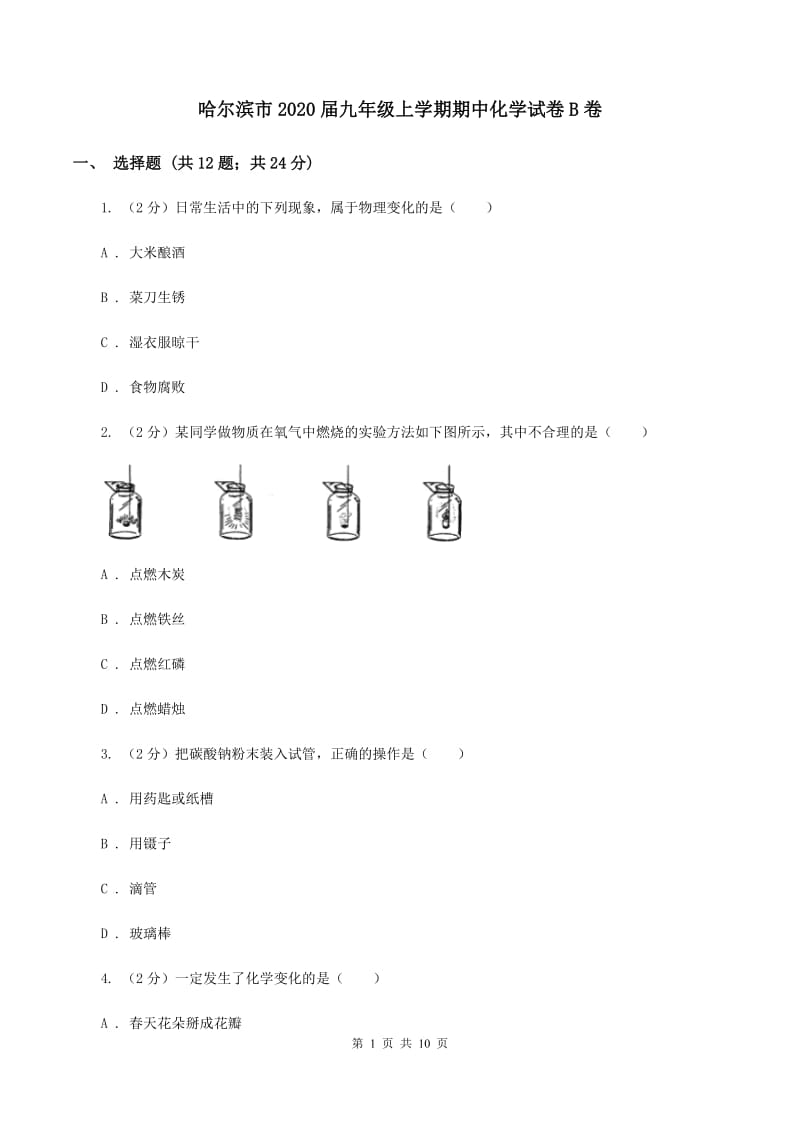 哈尔滨市2020届九年级上学期期中化学试卷B卷_第1页