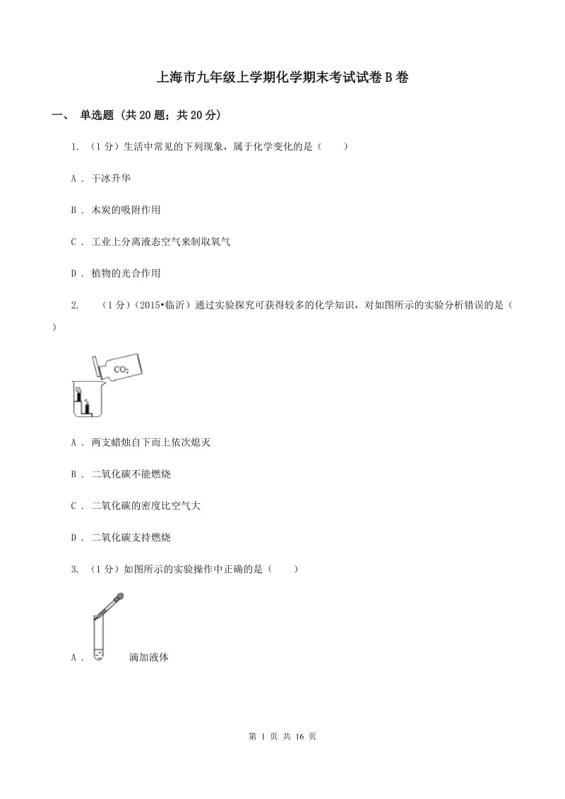上海市九年级上学期化学期末考试试卷B卷_第1页