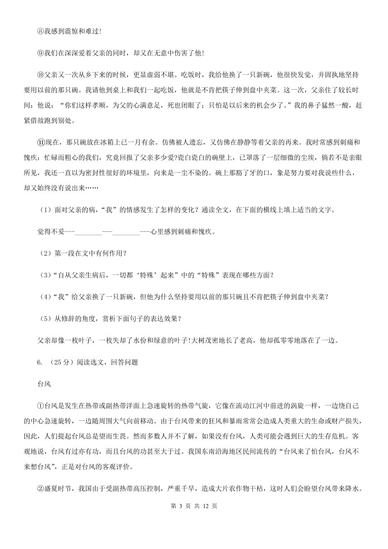 新人教版2020届九年级语文中考适应性教学质量检测试卷（一）B卷_第3页