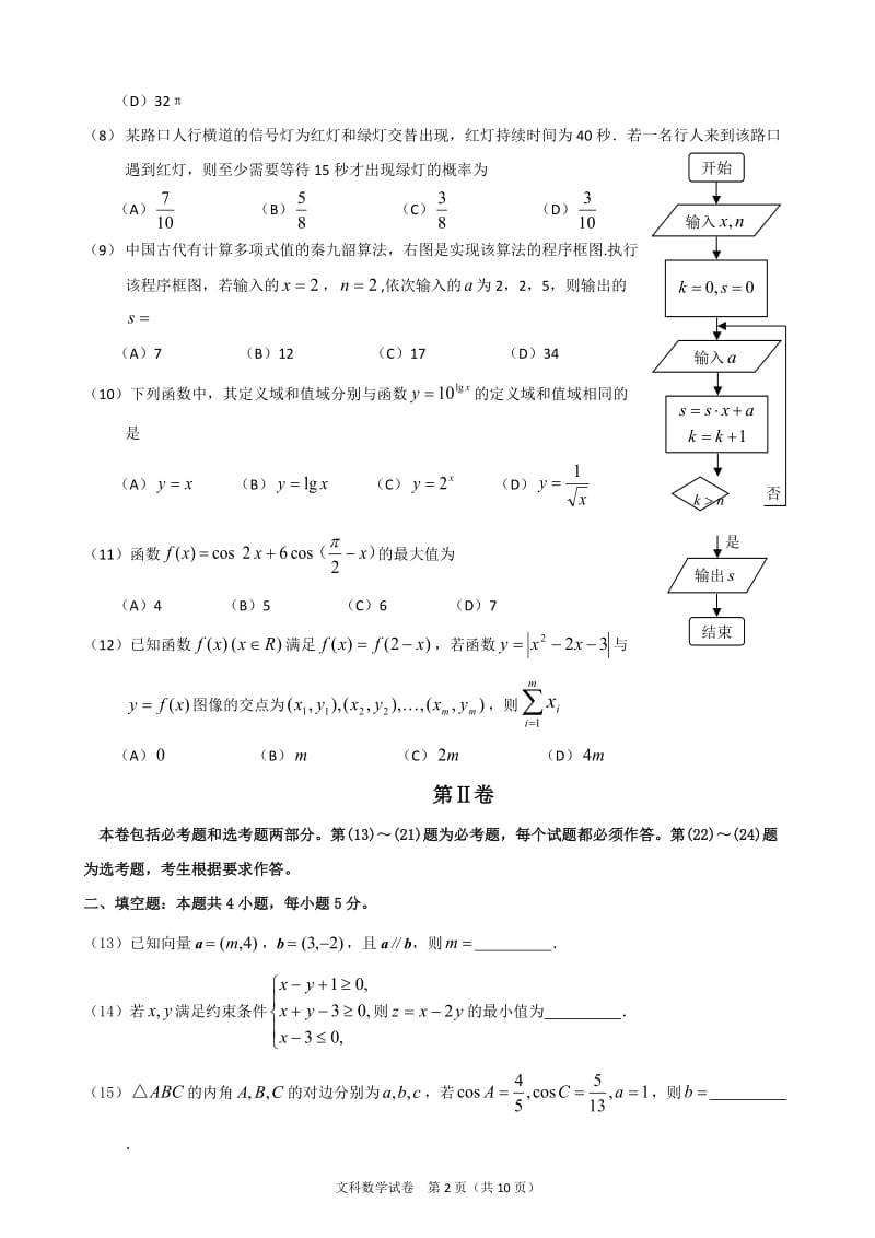 2016全国2卷高考文科数学试卷及答案_第2页