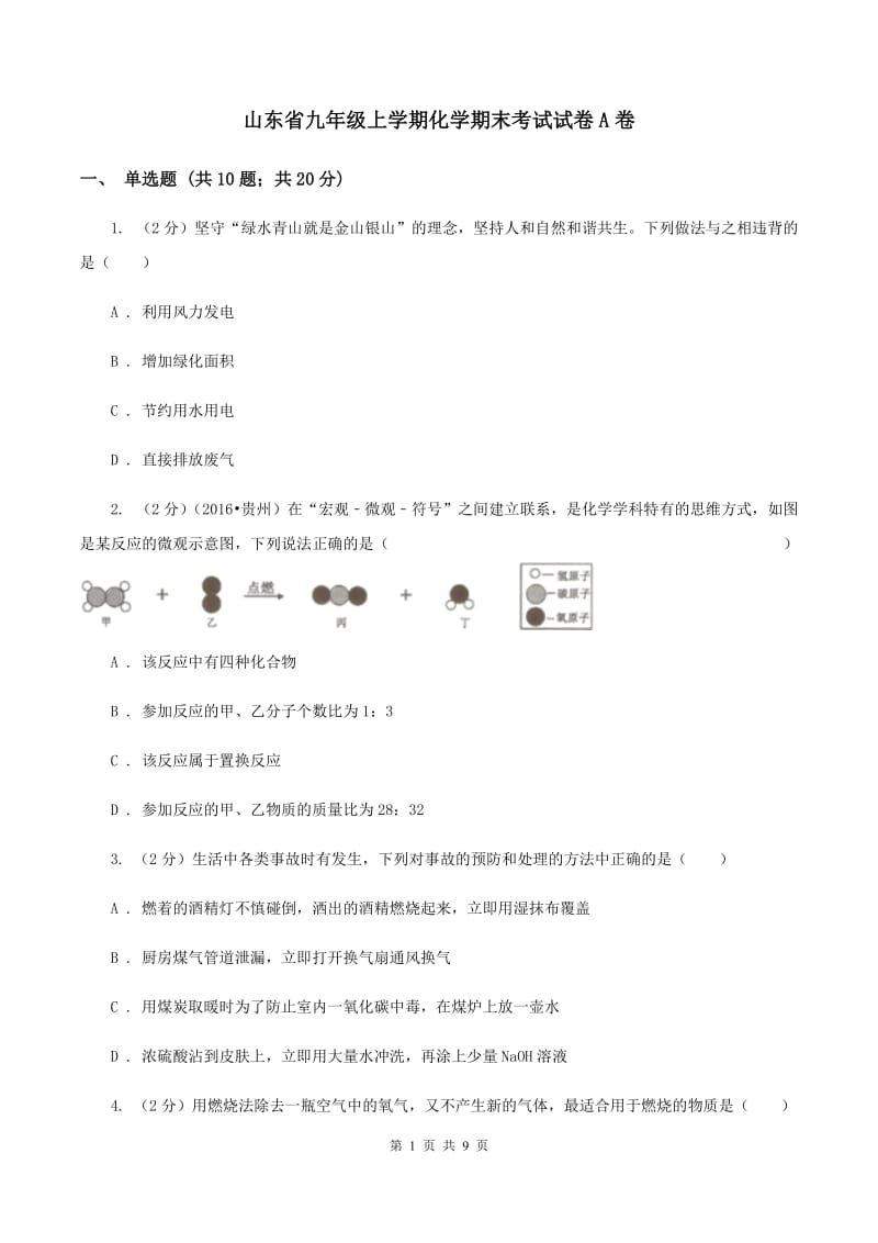 山东省九年级上学期化学期末考试试卷A卷_第1页