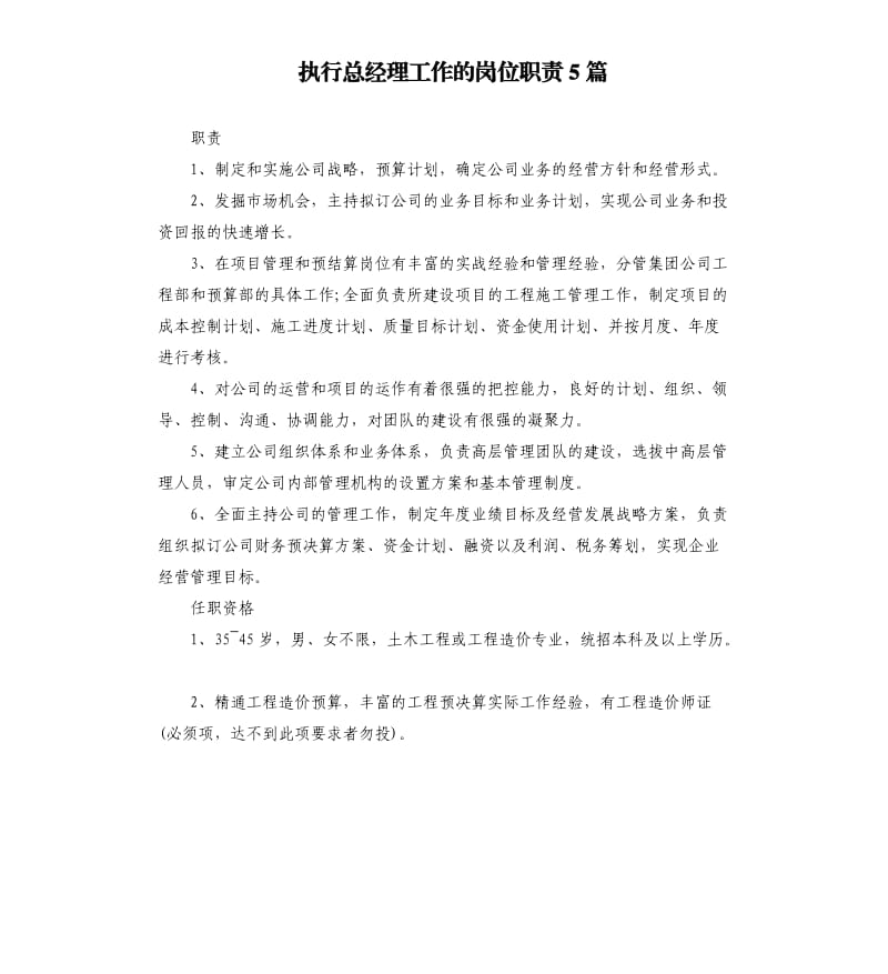 执行总经理工作的岗位职责5篇.docx_第1页