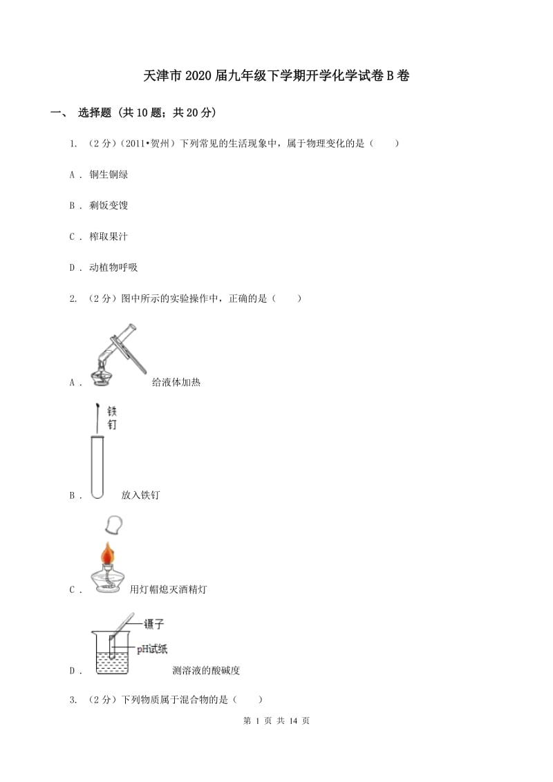 天津市2020届九年级下学期开学化学试卷B卷_第1页