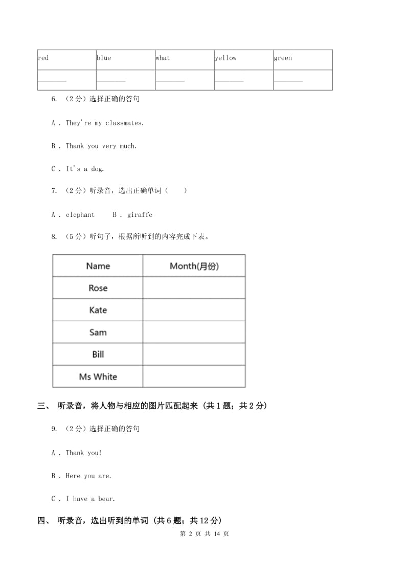 牛津上海版（试用本）2019-2020学年小学英语一年级上册Test for Module 4单元测试（无听力材料）C卷_第2页