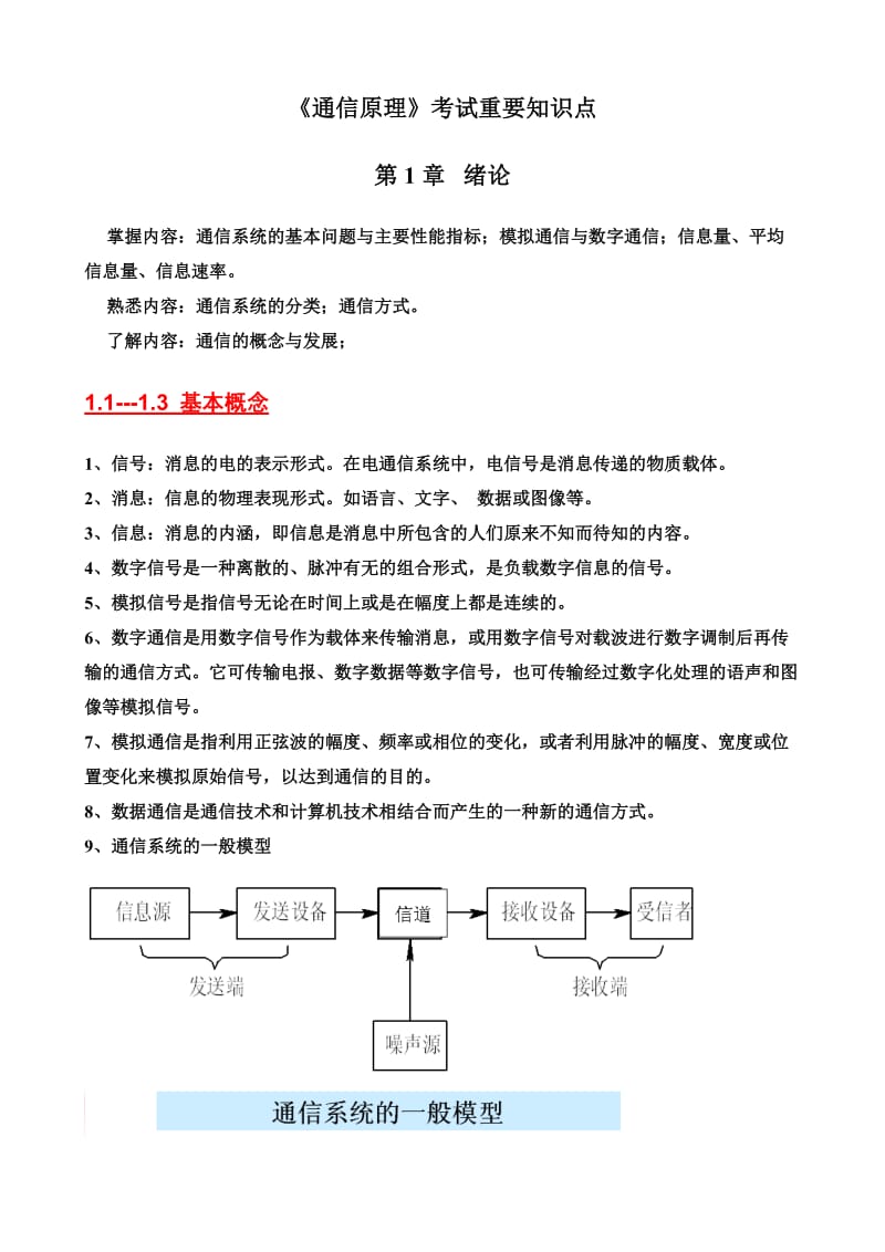 通信原理期末考试复习重点总结(完整版)_第1页