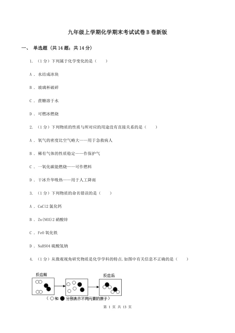 九年级上学期化学期末考试试卷B卷新版_第1页