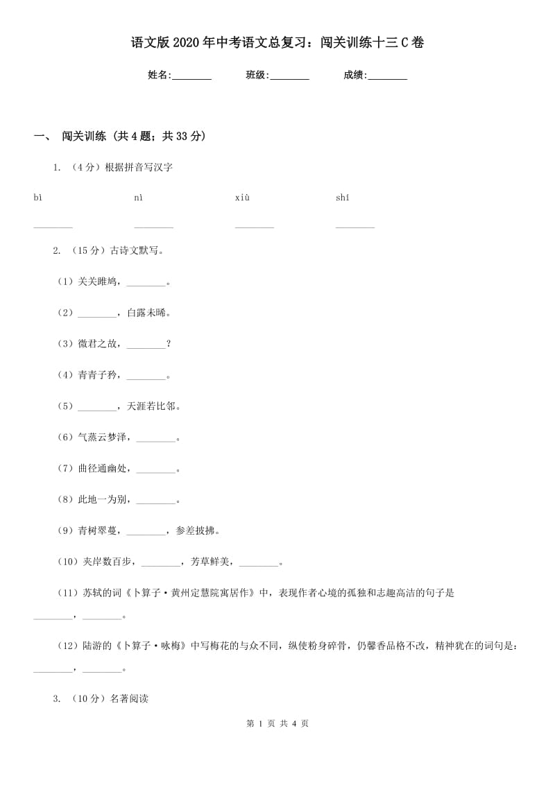 语文版2020年中考语文总复习：闯关训练十三C卷_第1页