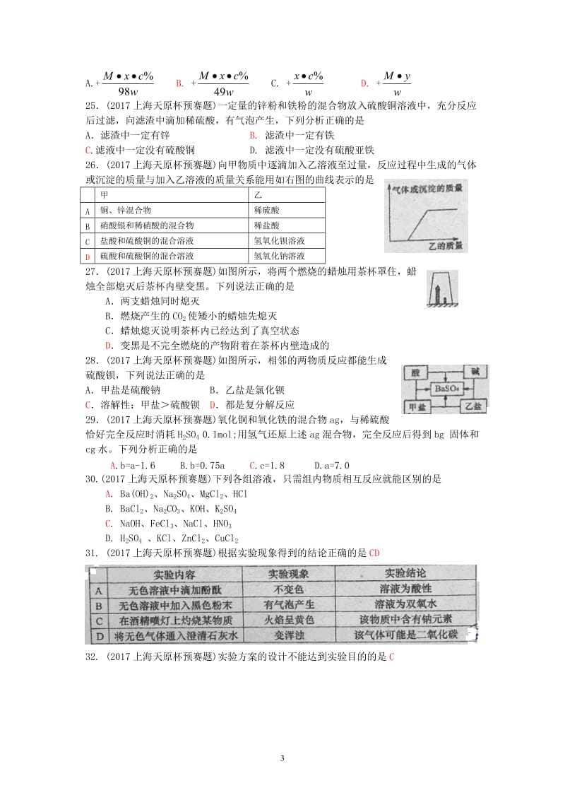 2017年上海市初中学生化学竞赛(天原杯)预赛试卷与答案_第3页