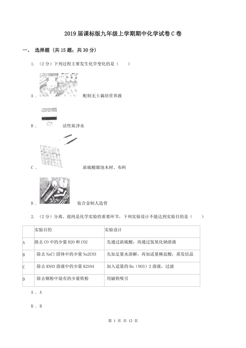 2019届课标版九年级上学期期中化学试卷C卷_第1页