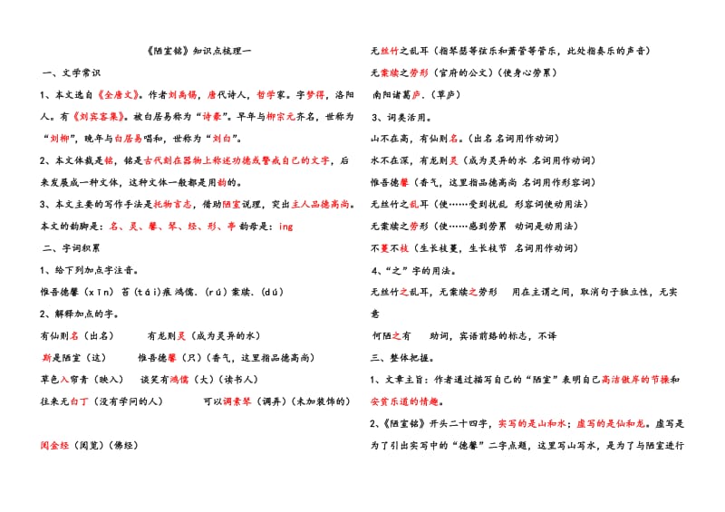 《陋室铭》知识点及中考题汇编及参考答案_第1页