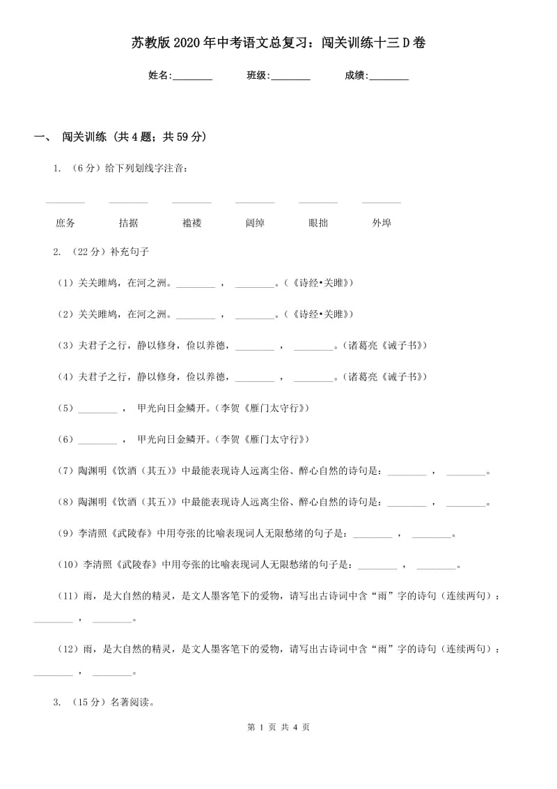 苏教版2020年中考语文总复习：闯关训练十三D卷_第1页