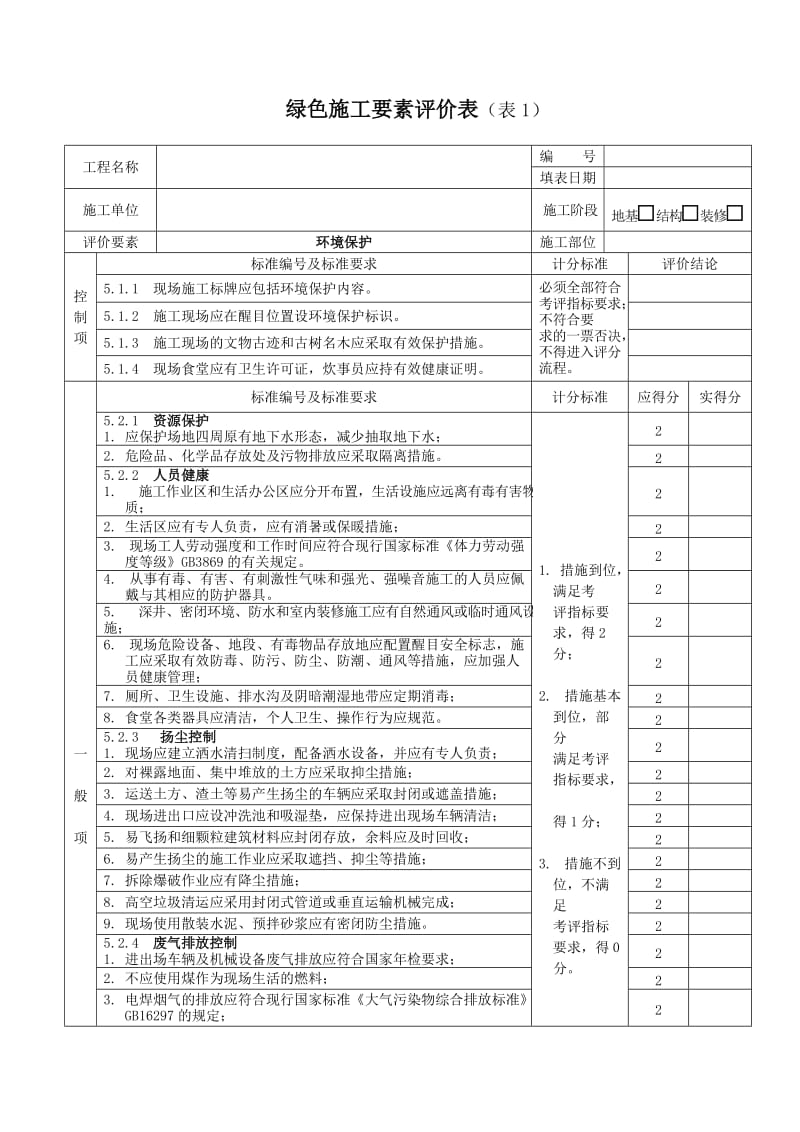 绿色施工要素评价表_第1页