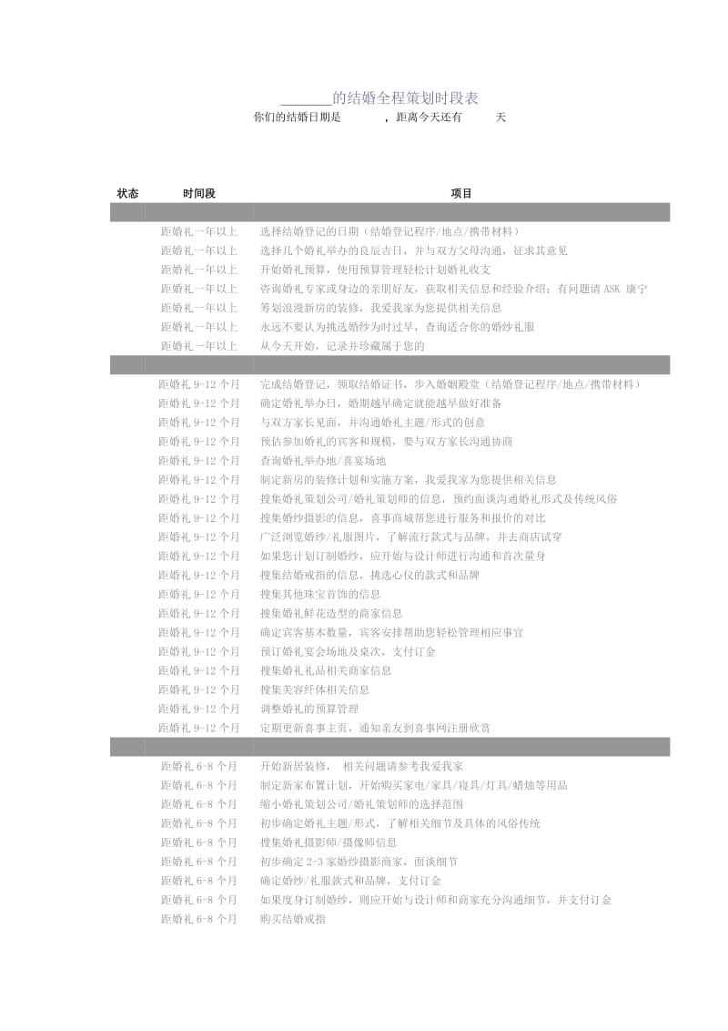 结婚全程时段表和准备婚礼流程表_第1页