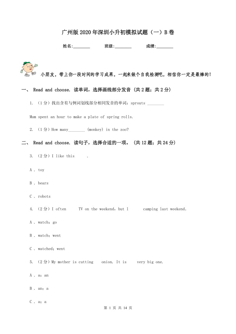 广州版2020年深圳小升初模拟试题（一）B卷_第1页