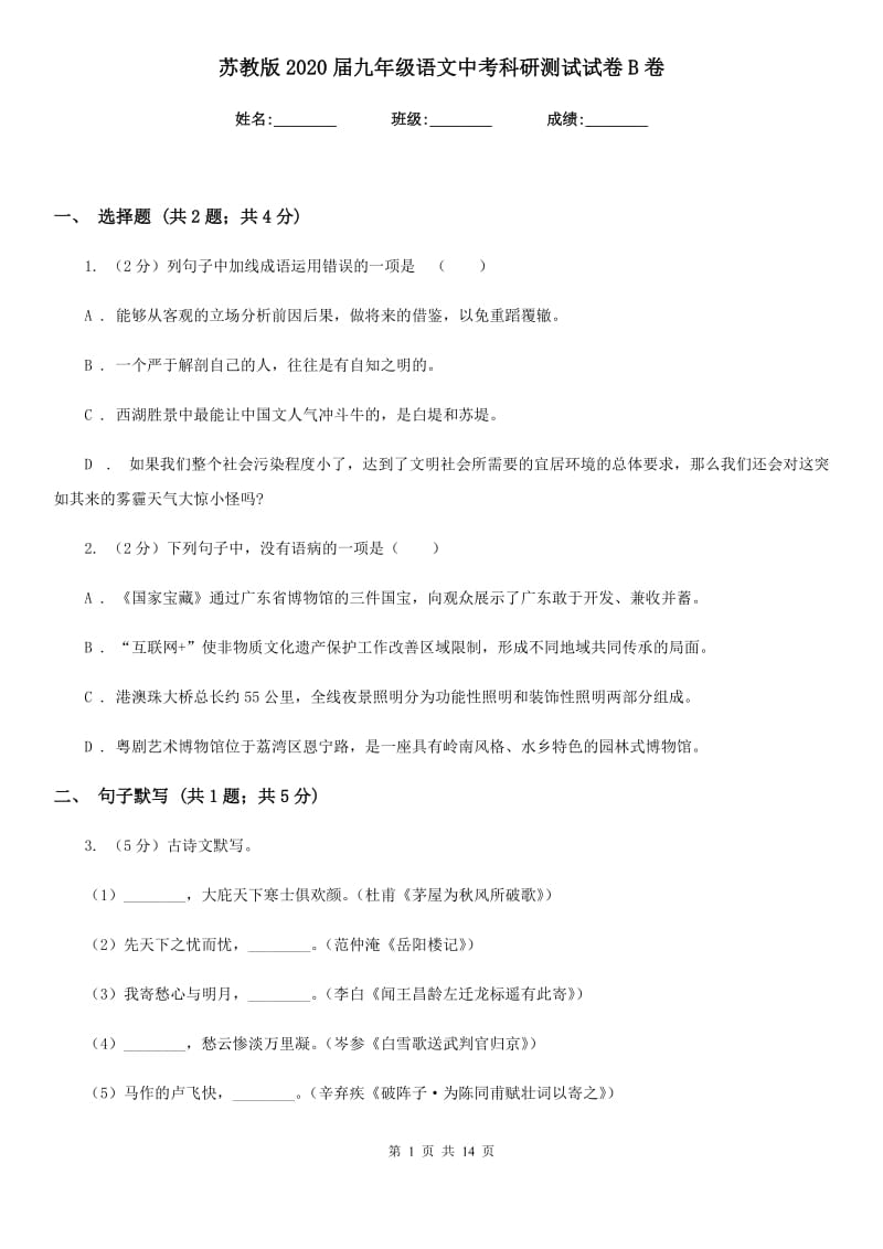 苏教版2020届九年级语文中考科研测试试卷B卷_第1页