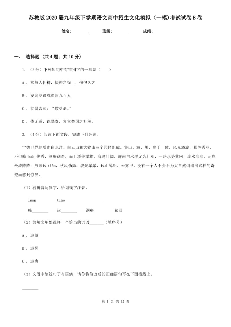 苏教版2020届九年级下学期语文高中招生文化模拟（一模)考试试卷B卷_第1页