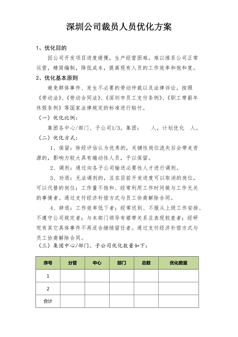 深圳公司裁员方案人员优化方案_第1页