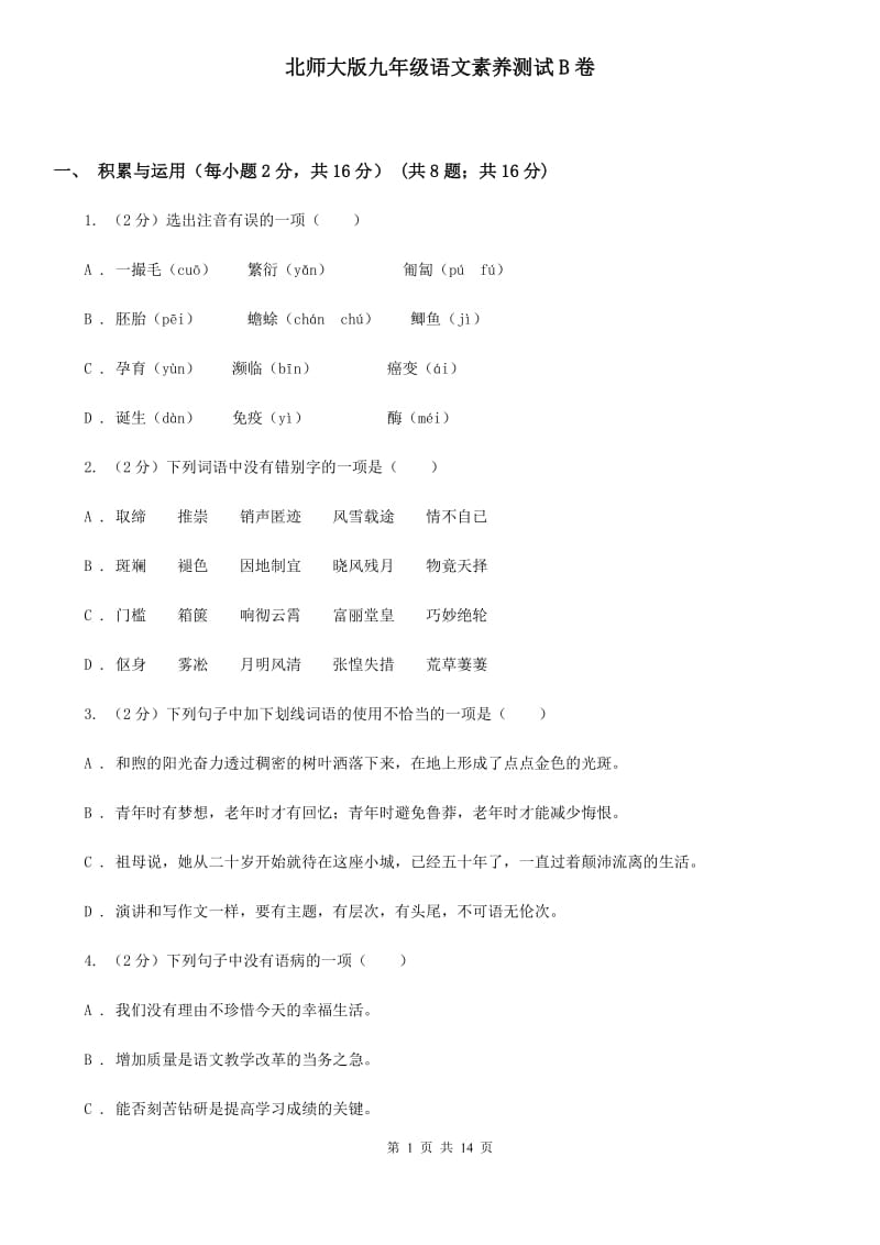 北师大版九年级语文素养测试B卷_第1页