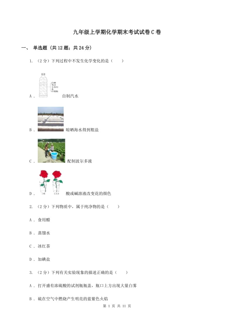 九年级上学期化学期末考试试卷C卷_第1页