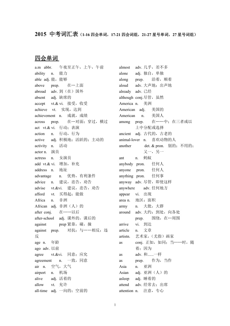 2015年中考英语词汇整理_第1页