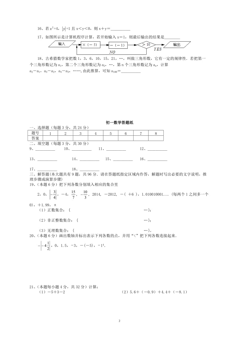 苏教版七年级上册数学测试卷(含答案)_第2页