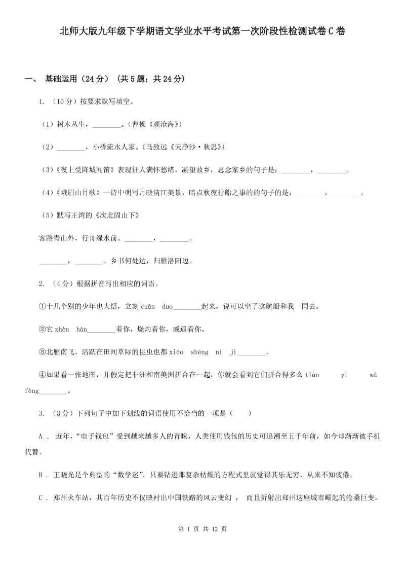 北师大版九年级下学期语文学业水平考试第一次阶段性检测试卷C卷_第1页