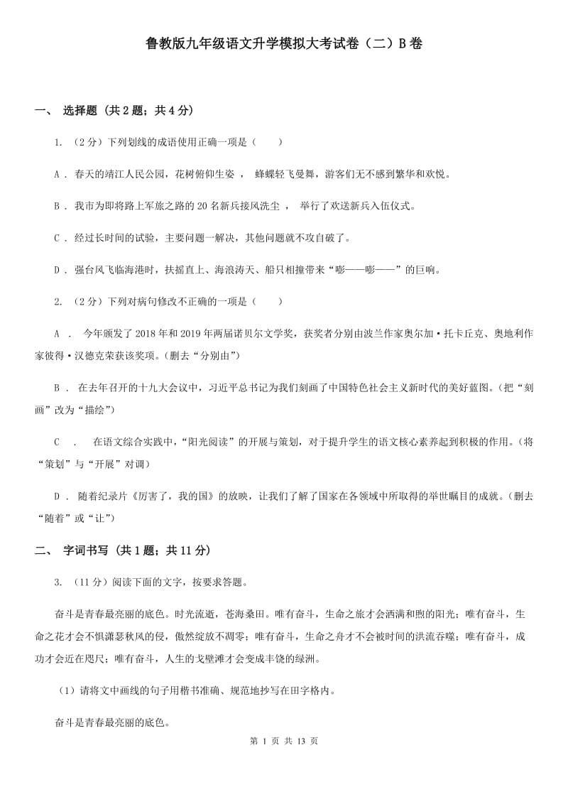 鲁教版九年级语文升学模拟大考试卷（二）B卷_第1页