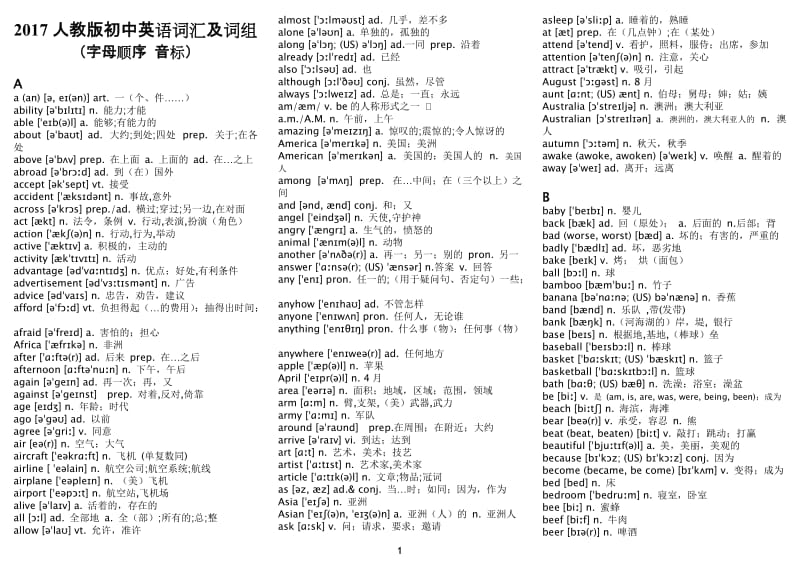 2017人教版初中英语词汇及短语语大全(字母顺序带音标)_第1页