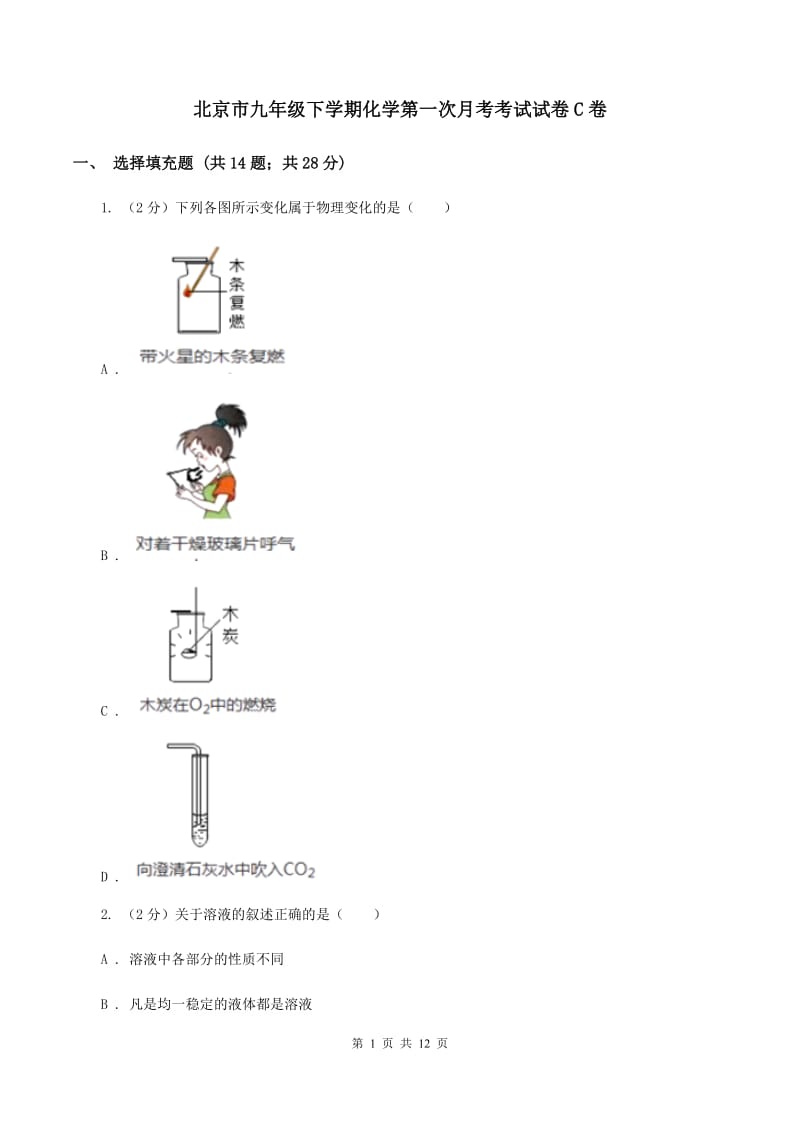 北京市九年级下学期化学第一次月考考试试卷C卷_第1页