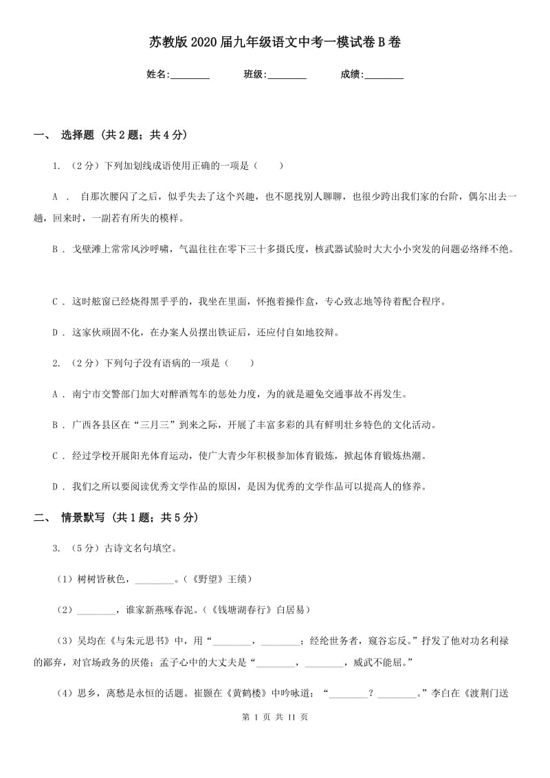 苏教版2020届九年级语文中考一模试卷B卷_第1页