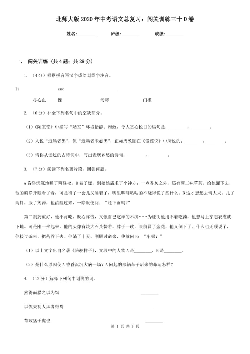 北师大版2020年中考语文总复习：闯关训练三十D卷_第1页