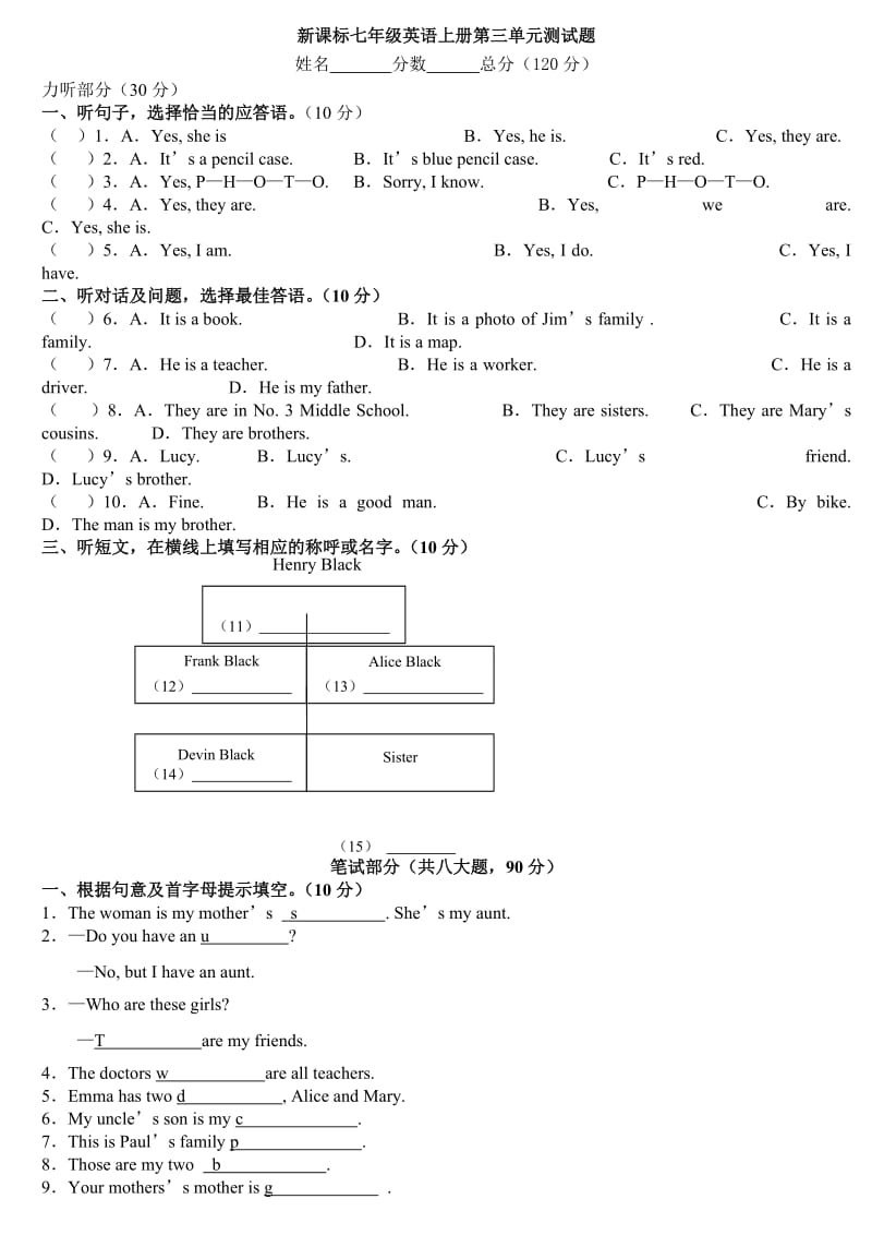 七年级上册英语Unit-3单元测试题及答案_第1页