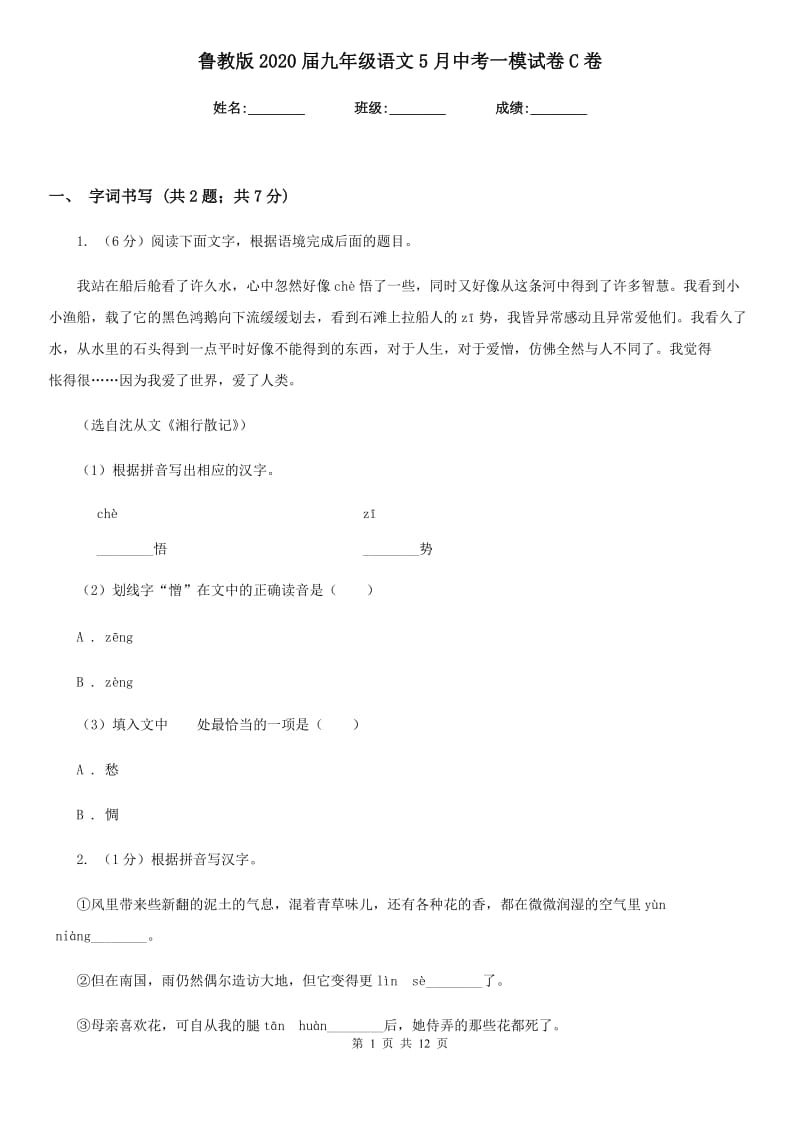 鲁教版2020届九年级语文5月中考一模试卷C卷_第1页