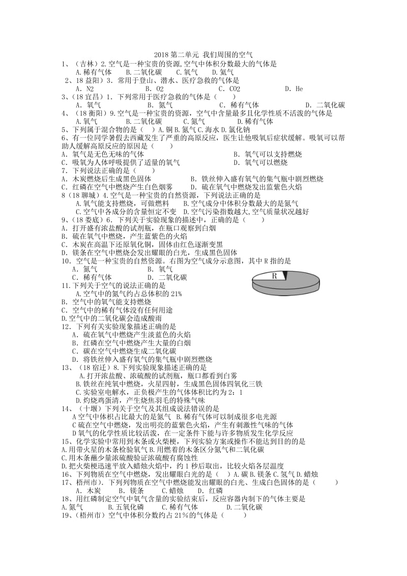 2018年中考化学试题分单元汇编之第二单元--我们周围的空气_第1页