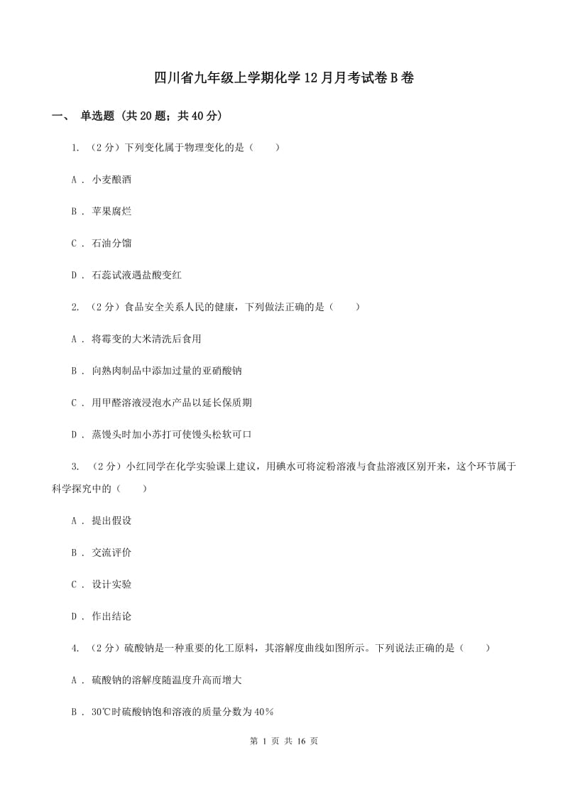 四川省九年级上学期化学12月月考试卷B卷_第1页