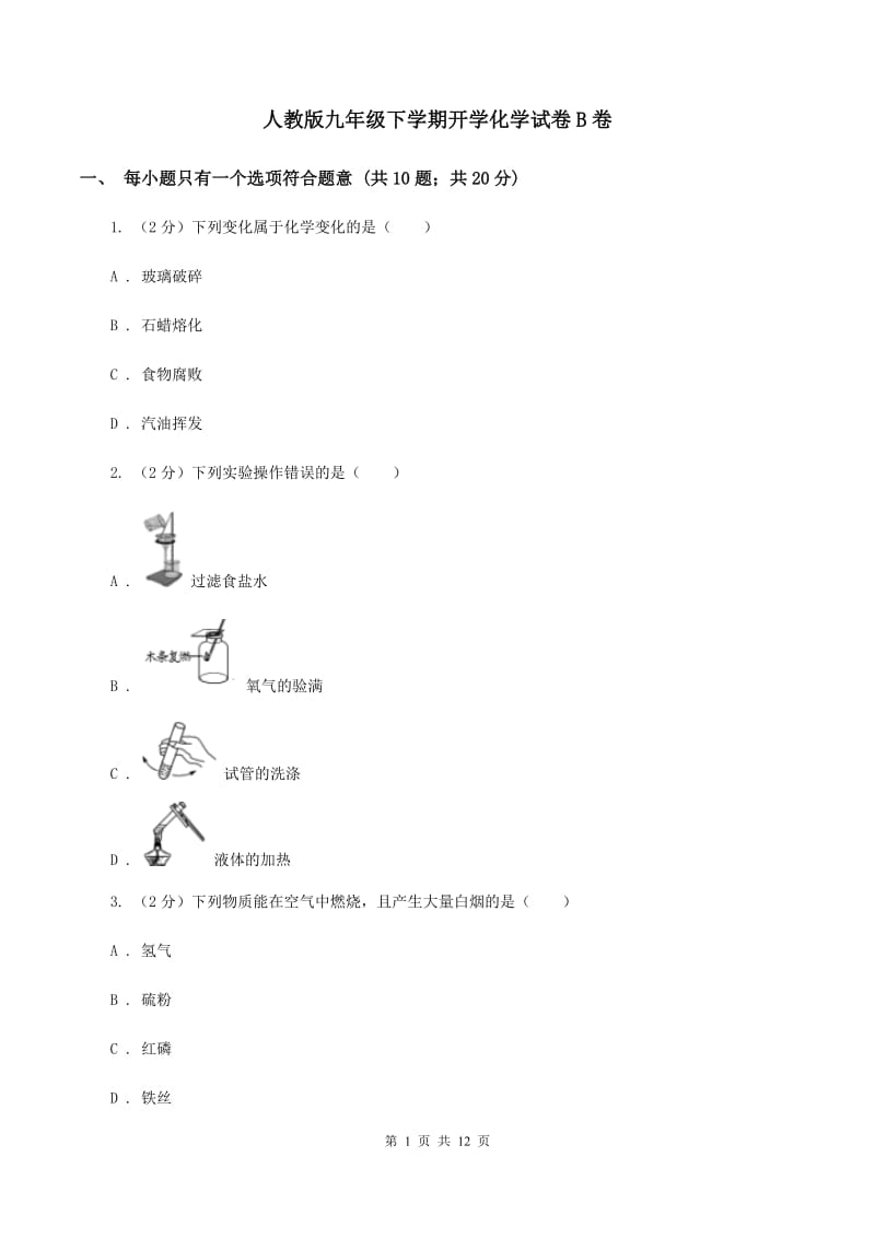 人教版九年级下学期开学化学试卷B卷_第1页