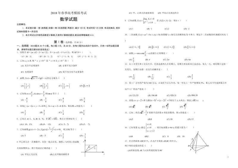 2018年山东省春季高考数学模拟试题_第1页