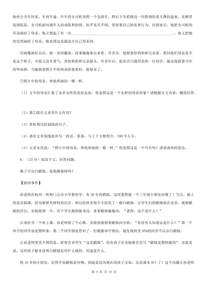 北师大版2020届九年级语文中考适应性教学质量检测试卷（一）C卷_第3页