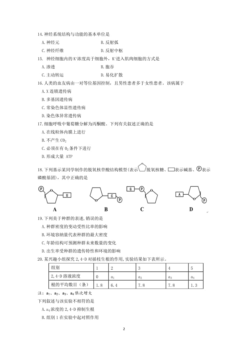 2016年4月浙江生物选考卷_第2页