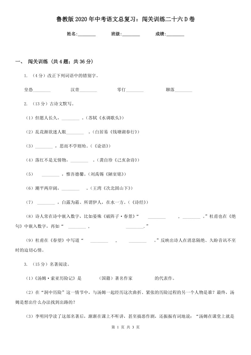 鲁教版2020年中考语文总复习：闯关训练二十六D卷_第1页