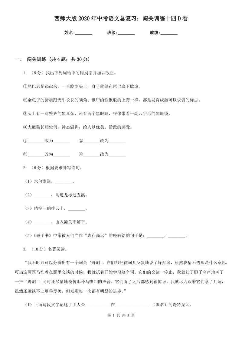 西师大版2020年中考语文总复习：闯关训练十四D卷_第1页