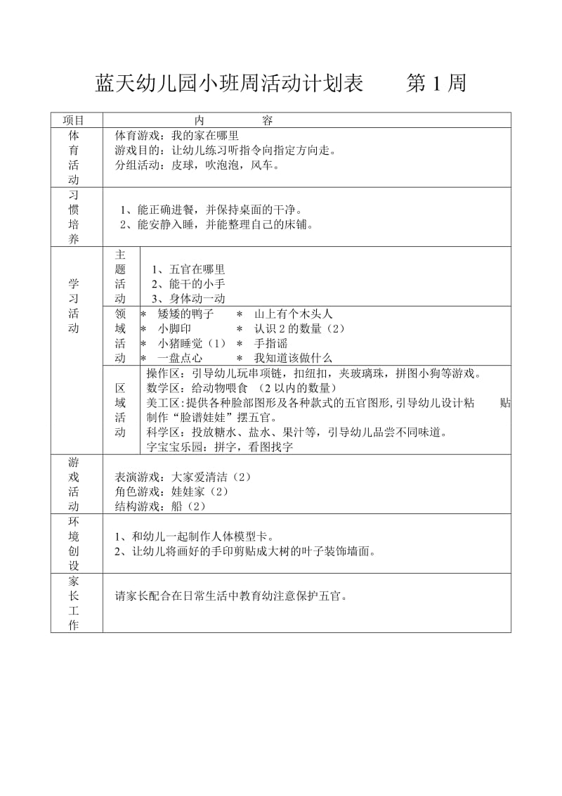 蓝天幼儿园小班周计划活动表_第1页