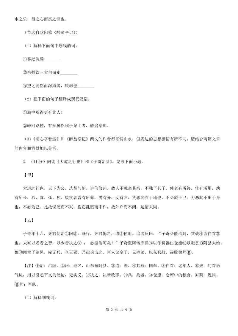 河大版2020届九年级语文中考综合学习评价与检测试题（十一)B卷_第2页