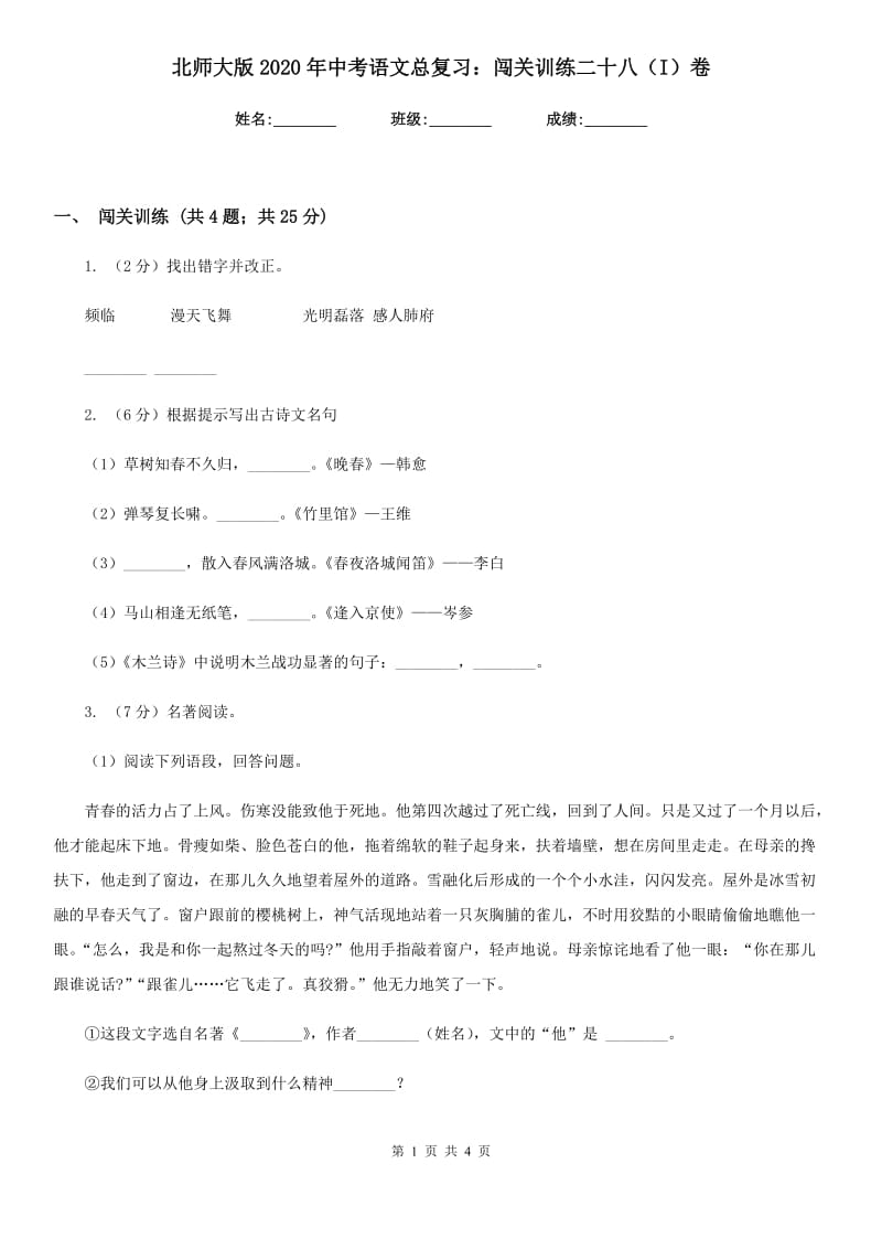 北师大版2020年中考语文总复习：闯关训练二十八（I）卷_第1页