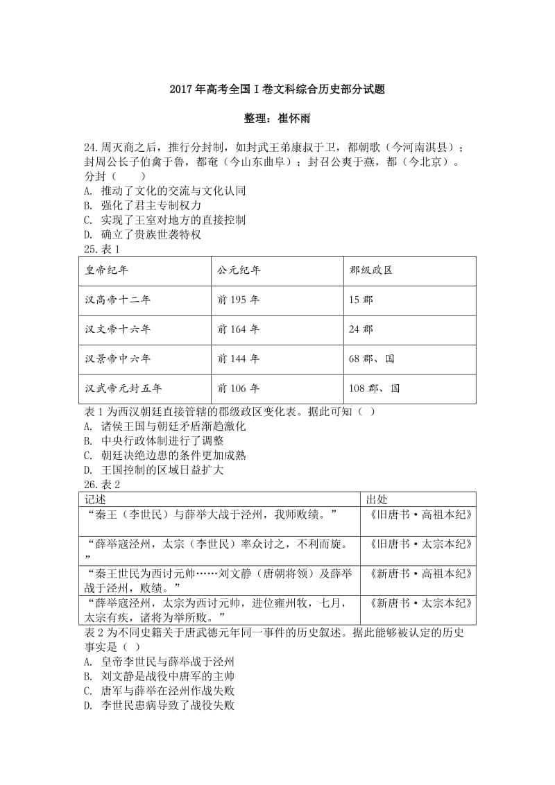 2017年高考全国卷I文科综合历史部分试题(含答案)_第1页